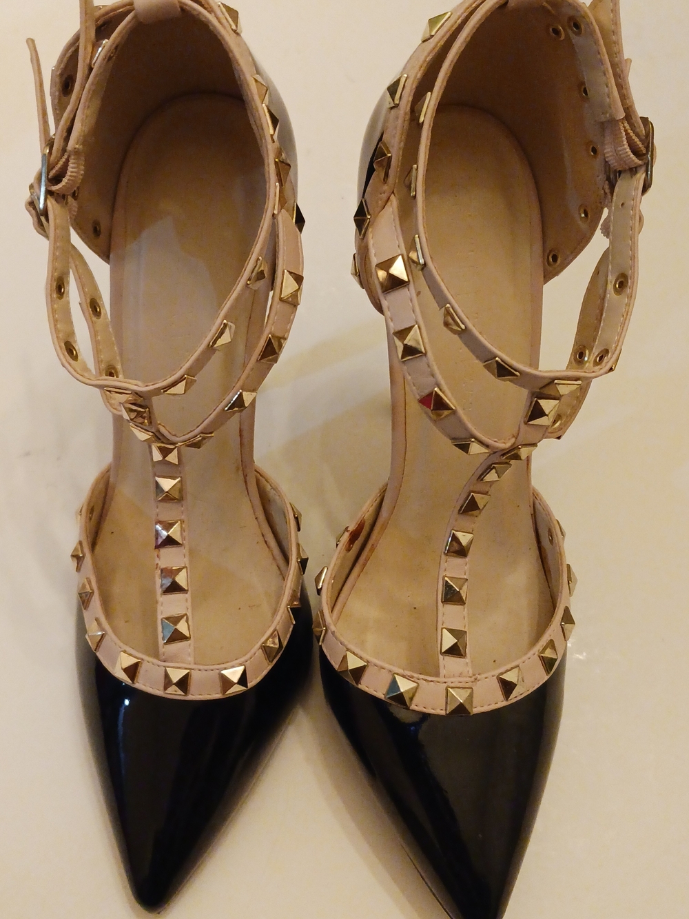 Wild Diva Studded T-Strap Pointed Toe Heels in Black and Nude